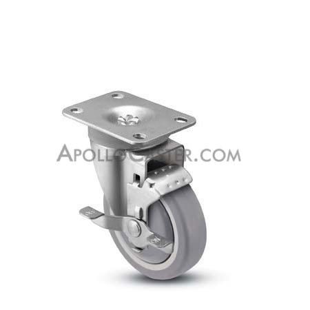 Caster; Swivel; 4\"x1-1/4\"; Gray TPR Rubber; Plate; 2-3/8\"x3-5/8\"; holes: 1-3/4\"x2-7/8\" (slotted to 3\"); 5/16\" bolt; Single BB; 250#; Thread Guards; Brake (Item #65839)
