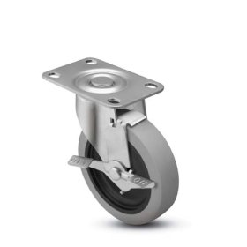 (image for) Caster; Swivel; 3" x 1-1/4"; Thermoplastized Rubber (Gray); Plate (2-1/2"x3-3/4"; holes: 1-3/4"x2-7/8" slots to 3"; 5/16" bolt); Zinc; Plain bore; 210#; Brake (Item #64441)