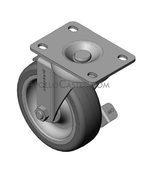 Caster; Swivel; 4\" x 1-1/4\"; TPR (GY); Plate (2-1/2\"x3-5/8\": holes: 1-3/4\"x2-13/16\" (slot to 3-1/16\"); 5/16\" bolt); Zinc; Ball Brng; 300#; Warranty; Brake (Item #63404)