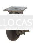 Caster; Swivel; 5" x 2"; ThermoPlastic Rbr Donut; Plate (4"x4-1/2"; holes: 2-5/8"x3-5/8" slots to 3"x3"; 3/8" bolt); Stainless Yoke and Roller Brng; 350#; Brake (Item #63491)