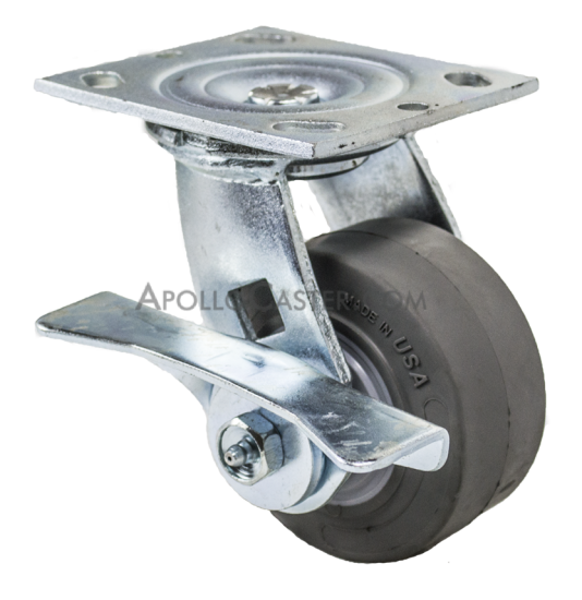 Caster; Swivel; 4\" x 2\"; Thermoplastized Rubber (Gray); Plate (4\"x4-1/2\"; holes: 2-5/8\"x3-5/8\" slotted to 3\"x3\"; 3/8\" bolt); Zinc; Roller Brng; 400#; Cam Brake (Item #64730)