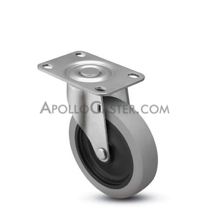 Caster; Swivel; 5\" x 1-1/4\"; Thermoplastized Rubber (Gray); Plate (2-1/2\"x3-5/8\"; holes: 1-3/4\"x2-7/8\" slotted to 3\"; 5/16\" bolt); Zinc; Plain bore; 250# (Item #64345)