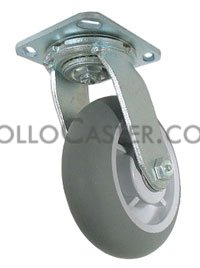 Caster; Swivel; 5\" x 2\"; ThermoPlastic Rubber Donut (Gray); Plate (4\"x4-1/2\"; holes: 2-5/8\"x3-5/8\" slots to 3\"x3\"; 3/8\" bolt); Stainless; Roller Brng; 350# (Item #63490)