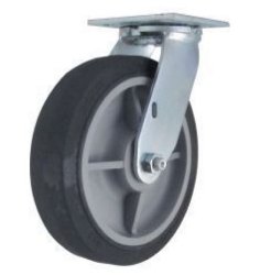 Caster; Swivel; 6" x 2"; Black TPR Rubber; Plate (4"x4-1/2"; holes: 2-5/8"x3-5/8" slots to 3"x3"; 3/8" bolt); Stainless Yoke and Prec BB; 500#; Pedal Wheel Brk (Item #62646)