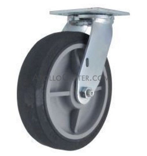 Caster; Swivel; 6\" x 2\"; Black TPR Rubber; Plate (4\"x4-1/2\"; holes: 2-5/8\"x3-5/8\" slots to 3\"x3\"; 3/8\" bolt); Stainless Yoke and Prec BB; 500#; Pedal Wheel Brk (Item #62646)