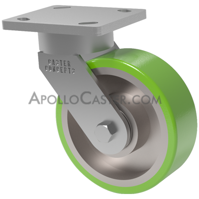 Caster; Swivel; 8\" x 2\"; T/R Polyurethane (Gray); Plate; 6\"x7\": holes: 4-5/8\"x5-1/2\"; 1/2\" bolt; Zinc; Roller Brng; 1200#; Kingpinless (Item #63395)