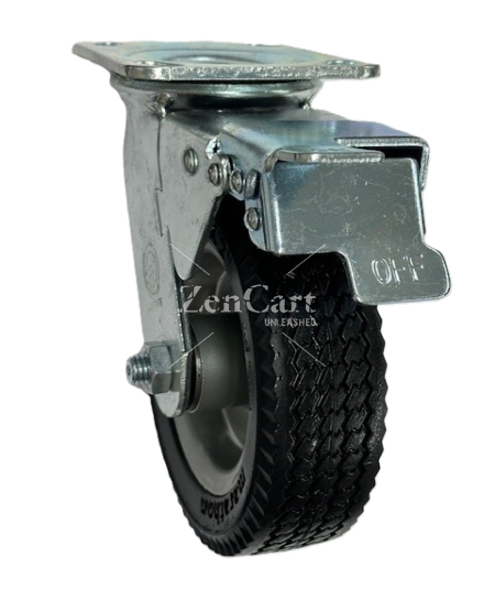 (image for) Caster; Swivel; 6" x 2"; Flat Free (Black); HD Welded Hub; Plate (4"x4-1/2"; holes); Ball Brng; 250#; Sawtooth Tread; Total Lock Brake (Item #63467)