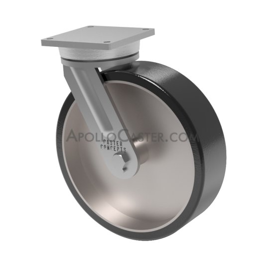 Caster; Swivel; 18\" x 5\"; 1\" 70D PolyU on Steel; Plate (8-1/2\"x8-1/2\"; holes: 7\"x7\"; 5/8\" bolt); Gold Dichromate; Prec Tapered Brng; 9000#; Kingpinless (Item #63689)