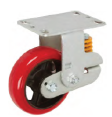 Caster; Rigid; 6" x 2"; PolyU on PolyO (Blue); Plate (4"x4-1/2"; holes: 2-5/8"x3-5/8" to 3"x3"; 3/8" bolt); Rllr Brng; 700#; Spring Loaded (300#/ 400#); Brake (Item #64242)