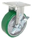Caster; Rigid; 6" x 2"; PolyU on Cast Iron (color varies); Plate; 4"x4-1/2"; holes: 2-5/8"x3-5/8" (slotted to 3"x3"); 3/8" bolt; Zinc; Roller Brng; 1200#; Brake (Item #64890)