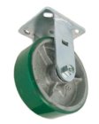Caster; Rigid; 5" x 2"; PolyU on Cast Iron; Plate (4"x4-1/2"; holes: 2-5/8"x3-5/8" slotted to 3"x3"; 3/8" bolt); Zinc; Roller Brng; 1200# (Red or green tread) (Item #67550)