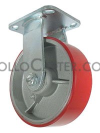 Caster; Rigid; 5\" x 2\"; PolyU (1\"; 85A) on Cast; Plate (4\"x5\"; holes: 2-5/8\"x3-5/8\" slots to 3\"x3\"; 3/8\" bolt); Zinc; Roller Brng; 850# (Item #63571)
