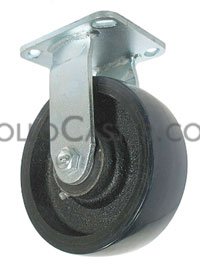 Caster; Rigid; 5\" x 2\"; PolyU (Crowned) on Cast (Bl/Bk); Top Plate (5\"x5-1/2\"; holes: 4-1/8\"x4-1/2\"; 3/8\" bolt); Zinc; Roller Brng; 1250# (Item #66449)