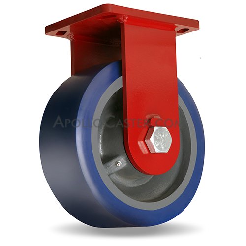 Caster; Rigid; 10\" x 4\"; PolyU on Forged Steel; Plate; 6-1/2\"x7-1/2\": holes: 5-1/8\"x5-3/4\" (slots to 3-7/8\"x6-1/4\"); 1/2\" bolt; Zinc; Prec Tapered Brng; 5000# (Item #63834)