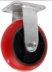 Caster; Rigid; 5" x 2"; Red PolyU (Donut) on Cast; Plate (2-1/2"x3-5/8"; holes: 1-3/4"x2-7/8" slotted to 3"; 5/16" bolt); Zinc; Prec Ball Brngs; 500# (Item #62852)
