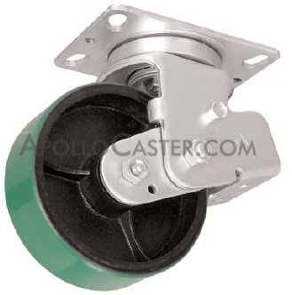 Caster; Swivel; 6x2; Crowned PolyU on Cast; Plate (4-1/2x6-1/4; holes: 2-7/16x4-15/16 slots to 3-3/8x5-1/4; 1/2 bolt); Roller Bg; 800#; Spring Loaded (600#+75#) (Item #67121)