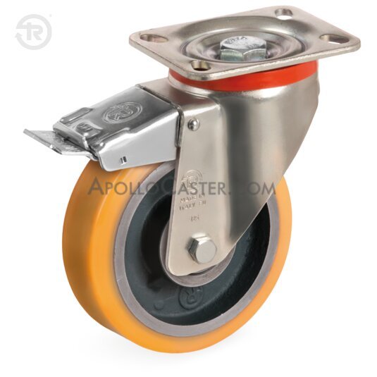 (image for) Caster; Swivel; 100mm x 40mm; Orange Polyurethane on Cast Iron; Plate (85mm x 100mm: holes: 60mmx80mm; 9mm bolt); Prec Ball Brngs; 660#; Total Lock Brake (Item #62625)