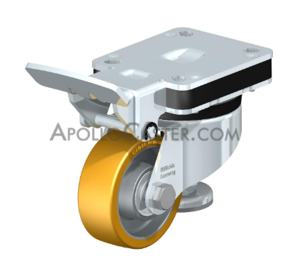 Caster; Swivel; 80mm x 35mm; 92A PolyU; Plate (85mm x 100mm); Zinc; Ball Brng; 400# Dynamic/ 2200# Static; Retractable Floor Lock lifts 1/8\"; Swiveling Pedal (Item #64080)