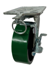Caster; Swivel; 6" x 2"; PolyU on Cast; Plate (4-1/2"x6-1/4"; holes: 2-7/16"x4-15/16" slotted to 3-3/8"x5-1/4"; 1/2" bolt); Roller Brg; 1200#; Brake; Pos Lock (Item #63533)