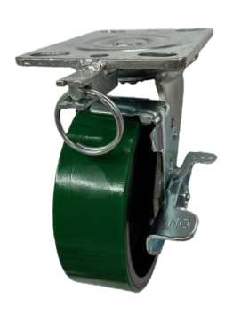 (image for) Caster; Swivel; 6" x 2"; PolyU on Cast; Plate (4-1/2"x6-1/4"; holes: 2-7/16"x4-15/16" slotted to 3-3/8"x5-1/4"; 1/2" bolt); Roller Brg; 1200#; Brake; Pos Lock (Item #63533)