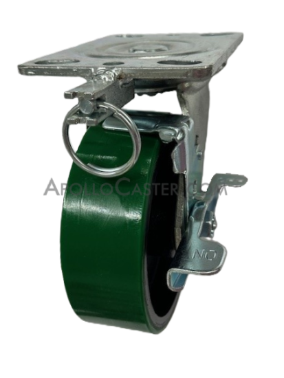 Caster; Swivel; 6\" x 2\"; PolyU on Cast; Plate (4-1/2\"x6-1/4\"; holes: 2-7/16\"x4-15/16\" slotted to 3-3/8\"x5-1/4\"; 1/2\" bolt); Roller Brg; 1200#; Brake; Pos Lock (Item #63533)
