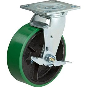 (image for) Caster; Swivel; 5" x 2"; PolyU on Cast; Plate (4"x4-1/2"; holes: 2-5/8"x3-5/8" slots to 3"x3"; 3/8" bolt); Zinc; Delrin Spanner; 1000#; Tread Brake (Item #62757)