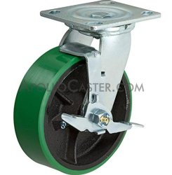 (image for) Caster; Swivel; 5" x 2"; PolyU on Cast; Plate (4"x4-1/2"; holes: 2-5/8"x3-5/8" slots to 3"x3"; 3/8" bolt); Zinc; Delrin Spanner; 1000#; Tread Brake (Item #62757)