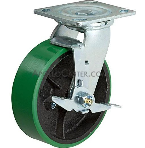 Caster; Swivel; 5\" x 2\"; PolyU on Cast; Plate (4\"x4-1/2\"; holes: 2-5/8\"x3-5/8\" slots to 3\"x3\"; 3/8\" bolt); Zinc; Delrin Spanner; 1000#; Tread Brake (Item #62757)