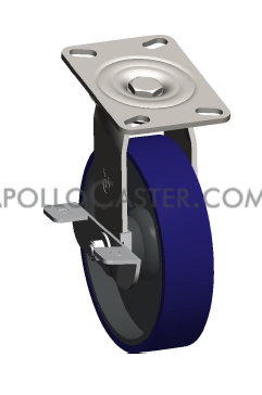 Caster; Swivel; 8\" x 2\"; PolyU (Crowned) on Cast (Blue); Plate (4-1/2\"x6-1/4\"; holes: 2-7/16\"x4-15/16\" slotted; 1/2\" bolt); Roller Bearing; 1500#; Cam Brake (Item #64508)