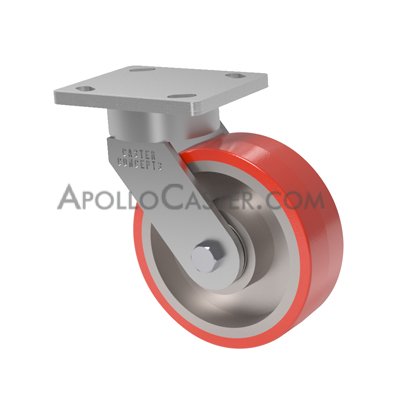 Caster; Swivel; 5\" x 2\"; PolyU (1\"; 85A) on Cast; Plate (4\"x5\"; holes: 2-5/8\"x3-5/8\" slots to 3\"x3\"; 3/8\" bolt); Zinc; Roller Brng; 850#; Kingpinless; Pos Lock (Item #63572)