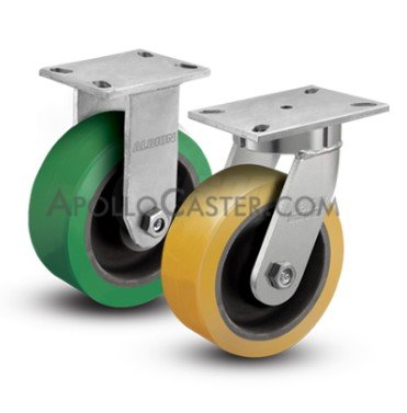 Caster; Swivel; 8\" x 3\"; 95A PolyU on HD Cast Iron; Plate (4-1/2\"x6-1/4\"; holes: 2-7/16\"x4-15/16\" slots to 3-3/8\"x5-1/4\"; 1/2\" bolt); 4000; Prec BB; Kingpinless (Item #63548)