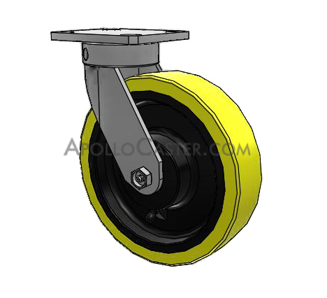 Caster; Swivel; 10\" x 4\"; PolyU (1\"; 95A) on Cast; Plate (6-1/4\"x7-1/2\": holes: 4-1/8\"x6\" slots to 4-1/2\"x6-1/8\"; 1/2\" bolt); Tprd Rlr Brng; 7000#; Kingpinless (Item #62917)