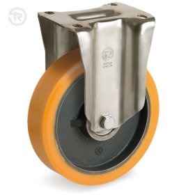 (image for) Caster; Rigid; 100mm x 40mm; Orange Polyurethane on Cast Iron; Plate (85mm x 100mm: holes: 60mmx80mm; 9mm bolt); Prec Ball Brngs; 660# (Item #62626)
