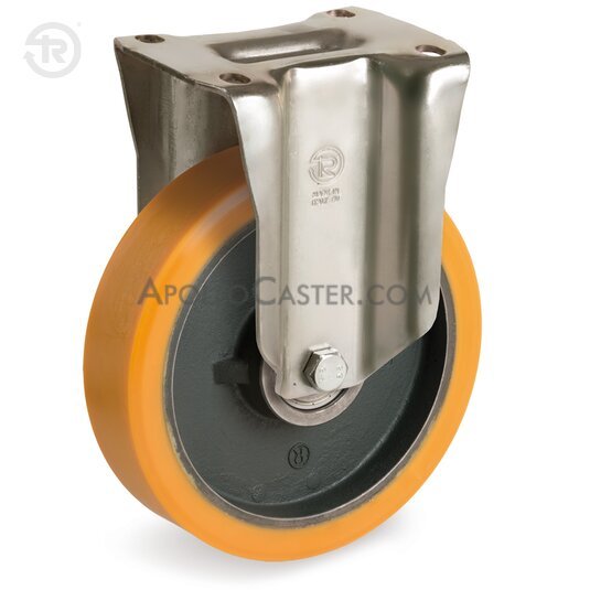 (image for) Caster; Rigid; 100mm x 40mm; Orange Polyurethane on Cast Iron; Plate (85mm x 100mm: holes: 60mmx80mm; 9mm bolt); Prec Ball Brngs; 660# (Item #62626)