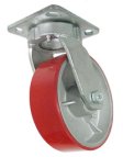 Caster; Swivel; 8" x 3"; PolyU on Cast Iron; Plate (4-1/2"x6-1/4"; holes: 2-7/16"x4-15/16" slotted to 3-3/8"x5-1/4"; 1/2" bolt); Roller Brng; 2500#; Kingpinless (Item #65628)