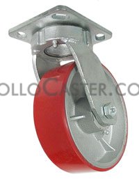 Caster; Swivel; 6\" x 2\"; PolyU on Cast Iron; Plate (4\"x4-1/2\"; holes: 2-5/8\"x3-5/8\" slots to 3\"x3\"; 3/8\" bolt); Zinc; Prec Ball Brngs; 1200#; (Item #67450)