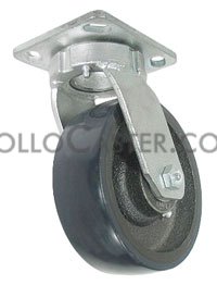 (image for) Caster; Swivel; 6"x2"; PolyU (Crowned) on Cast; Plate (4-1/2"x6-1/4"; holes: 2-7/16"x4-15/16" slots to 3-3/8"x5-1/4"); Roller Brn; 1200#; Kingpinless; brake (Item #67421) - Click Image to Close