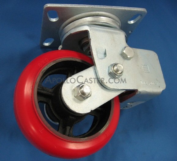 Caster; Swivel; 6\" x 2\"; PolyU on PolyO; Plate (4\"x4-1/2\"; holes: 2-5/8\"x3-5/8\" slots to 3\"x3\"; 3/8\" bolt); Roller Brng; 700#; Spring Loaded (300#/ 400#) (Item #64243)