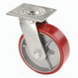 Caster; Swivel; 4" x 2"; PolyU on Cast Iron (Usu Red or Green); Plate (4"x4-1/2"; holes: 2-5/8"x3-5/8" slots to 3"x3"; 3/8" bolt); Zinc; Bronze Spanner; 800# (Item #63031)