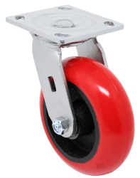 Caster; Swivel; 5" x 2"; PolyU (Donut) on Cast (Red); Plate (2-1/2"x3-5/8"; holes: 1-3/4"x2-7/8" slotted to 3"; 5/16" bolt); Zinc; Prec Ball Brngs; 500# (Item #62853)