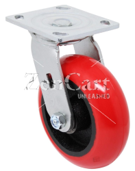 (image for) Caster; Swivel; 5" x 2"; Red PolyU (Donut) on Cast; Plate (2-1/2"x3-5/8"; holes: 1-3/4"x2-7/8" slotted to 3"; 5/16" bolt); Zinc; Prec Ball Brngs; 1000#; Brake (Item #62848)