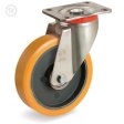 Caster; Swivel; 100mm x 40mm; Orange Polyurethane on Cast Iron; Plate (85mm x 100mm: holes: 60mmx80mm; 9mm bolt); Prec Ball Brngs; 660# (Item #62627)