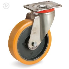 (image for) Caster; Swivel; 100mm x 40mm; Orange Polyurethane on Cast Iron; Plate (85mm x 100mm: holes: 60mmx80mm; 9mm bolt); Prec Ball Brngs; 660# (Item #62627)