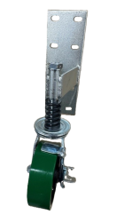 Caster; Swivel; 6" x 2"; PolyU on Cast Iron; Gate Caster Bracket (11"x4"; 8 holes 1-3/4" (slotted to 3") x 9-1/2"; 7/16" bolt); Roller Brng; 700#; Tread Brake (Item #65116)