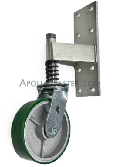 Spring Loaded Gate Swivel Caster; 6\" x 2\"; PolyU on Cast Iron; Bracket (11\"x4\"; 8 holes 1-3/4\" (slotted to 3\") x 9-1/2\"; 7/16\" bolt); Zinc; Roller Brng; 700# (Item #65909)