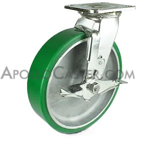Caster; Swivel; 6\" x 2\"; PolyU on Alum (Color varies); Plate; 4\"x4-1/2\"; holes: 2-5/8x3-5/8 (slotted to 3x3); 3/8 bolt; Zinc; Roller Brng; 1200# (Item #64297)