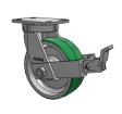 Caster; Swivel; 8" x 2-1/2"; 95A PolyU on Alum; Plate (4-1/2"x6-1/4"; holes: 2-7/16"x4-15/16" slots to 3-3/8"x5-1/4"; 1/2" bolt); 2000#; Kingpinless; Face Brake (Item #63611)