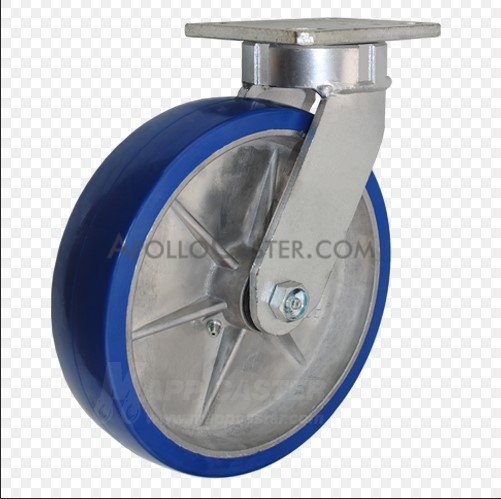 Caster; Swivel; 6\" x 2\"; PolyU on Alum; Plate (4-1/2\"x6-1/4\"; holes: 2-7/16\"x4-15/16\" slots to 3-3/8\"x5-1/4\"; 1/2\" bolt); Roller Brng; 1200#; Kingpinless; Brake (Item #63359)