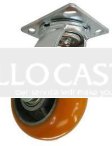 Caster; Swivel; 6" x 2"; Ergonomic PolyU on Alum; Plate (4"x4-1/2"; holes: 2-5/8"x3-5/8" slotted to 3"x3"; 3/8" bolt); Stainless Yoke; Prec Ball Brng; 1250# (Item #63822)