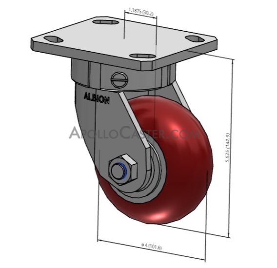 Caster; Swivel; 6\" x 2\"; PolyU (Round); GN on Alum; Plate (4\"x4-1/2\"; holes: 2-5/8\"x3-5/8\" slots to 3\"x3\"; 3/8\" bolt); Zinc; Prec Ball Brngs; 1250#; Kingpinless (Item #63532)
